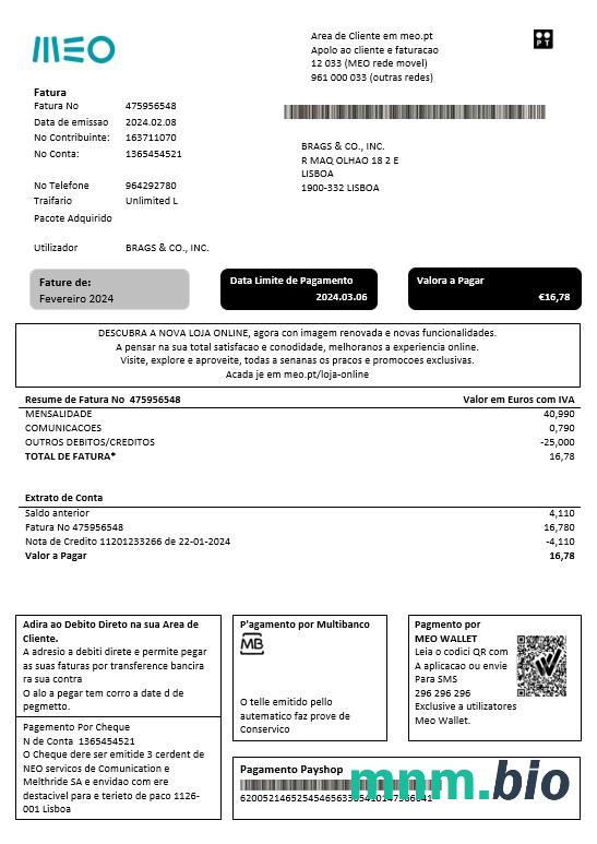 Portugalia MEO rachunek za usługi komunalne szablon w formacie Word i PDF, w pełni edytowalne